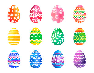 Hand drawn watercolor set of colorful Easter eggs with different ornaments isolated on white background