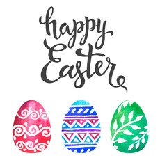 Hand written lettering text with different colorful watercolor eggs, Happy Easter card