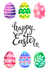 Hand written lettering text with different colorful watercolor eggs, Happy Easter greeting card