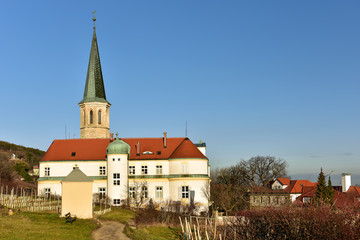 Parish church of St. Michael and German Order castle. Town of Gumpoldskirchen, Lower Austria.