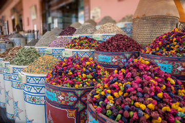 Different dried flowers, herbs and spices at Moroccan market
