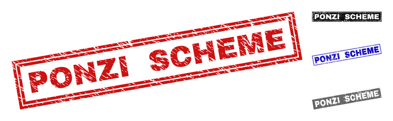 Grunge PONZI SCHEME rectangle stamp seals isolated on a white background. Rectangular seals with grunge texture in red, blue, black and gray colors.