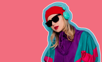 woman in red hat, sunglasses and suit of 90s with headphones