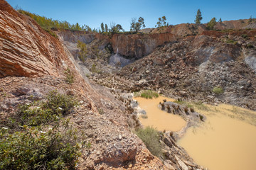 View from the top of the open exploitation mine located in the town of La Zarza, Alange, Extremadura, Spain