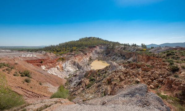 View from the top of the open exploitation mine located in the town of La Zarza, Alange, Extremadura, Spain