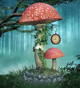 Big red mushroom with ivy around its stem - 3D illustration