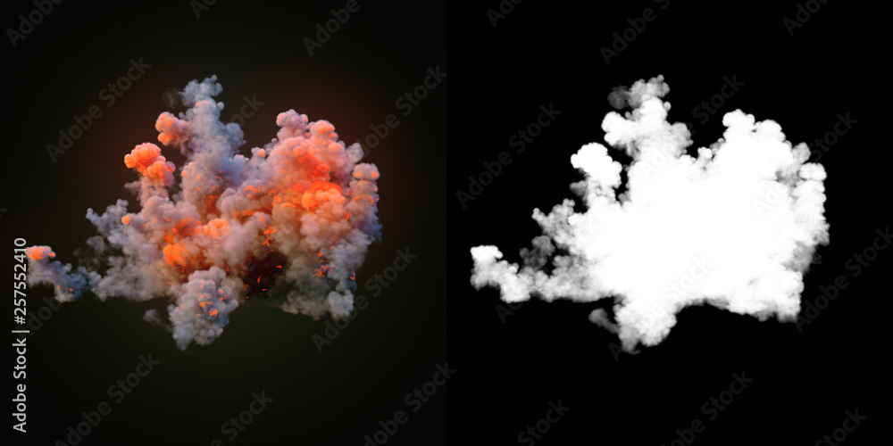 Poster Composition with large explosions in dark plus alpha channel. 3d rendering