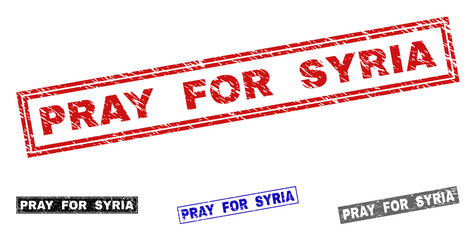 Grunge PRAY FOR SYRIA rectangle watermarks isolated on a white background. Rectangular seals with grunge texture in red, blue, black and gray colors.