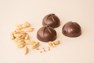 Three artisan dark chocolate sweets isolated on white background, with the ingredient of the filling at view: aromatic cardamom pods and seeds