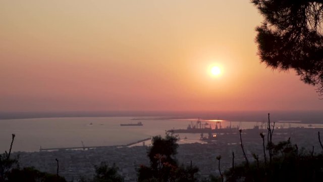 Thessaloniki / Greece 22 march 2019 : sunset mini pan in the most beautiful city of Greece photo taken from the hilltop forest Kedrinos Lofos, also known as Seich Sou,the temperture is fine for a walk