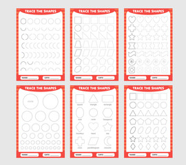 red set of trace the geometric shapes around the contour. learning for children, drawing tasks