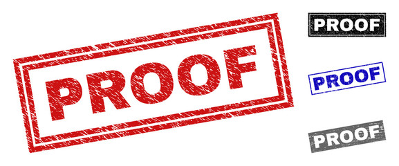 Grunge PROOF rectangle stamp seals isolated on a white background. Rectangular seals with grunge texture in red, blue, black and grey colors.