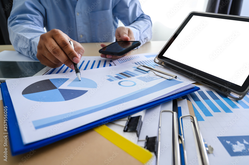 Poster business documents on office graph financial with social network diagram discussing data analysis da