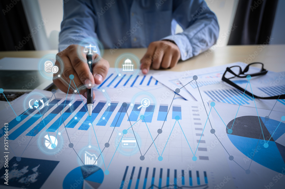 Poster working team meeting concep graph financial with social network diagram discussing data analysis dat