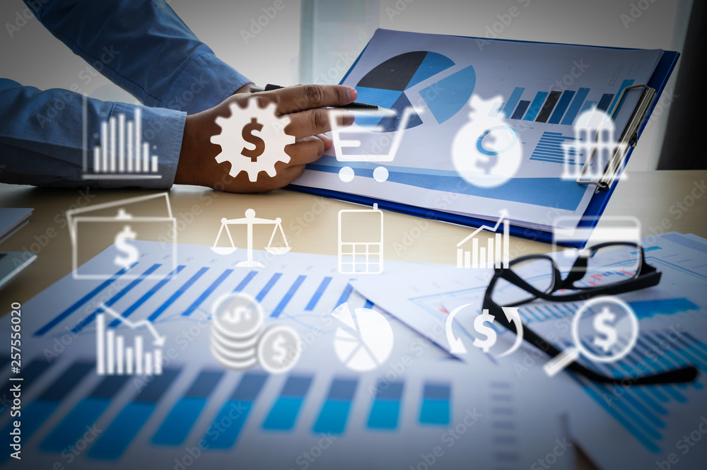 Poster working team meeting concep graph financial with social network diagram discussing data analysis dat