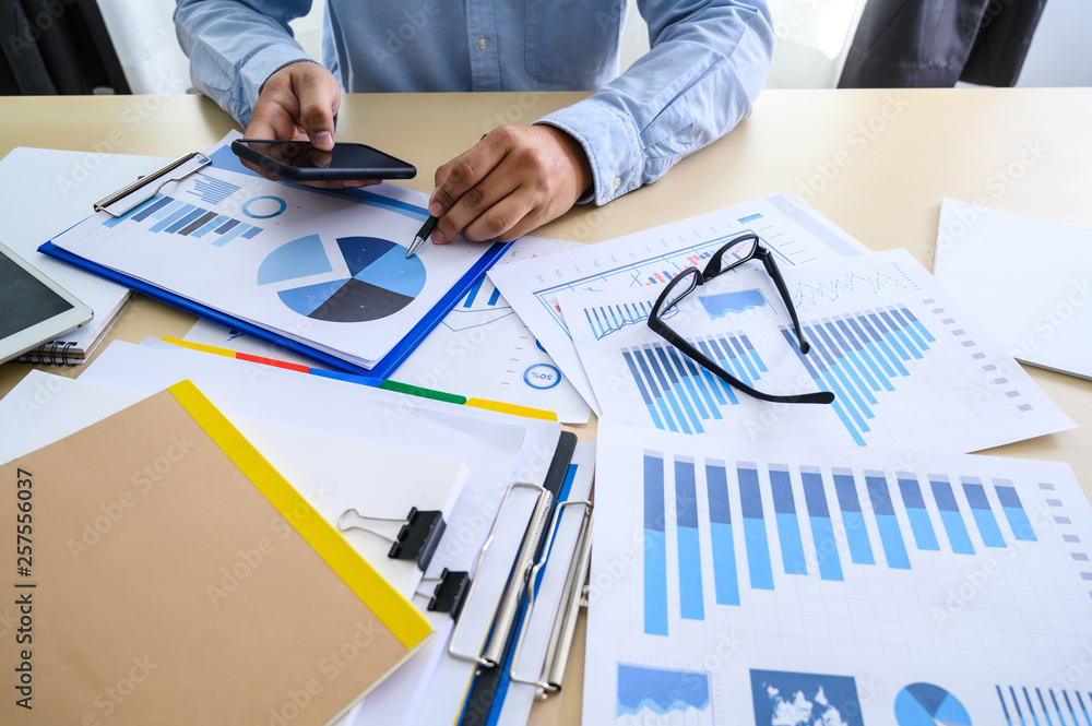 Poster business documents on office graph financial with social network diagram discussing data analysis da