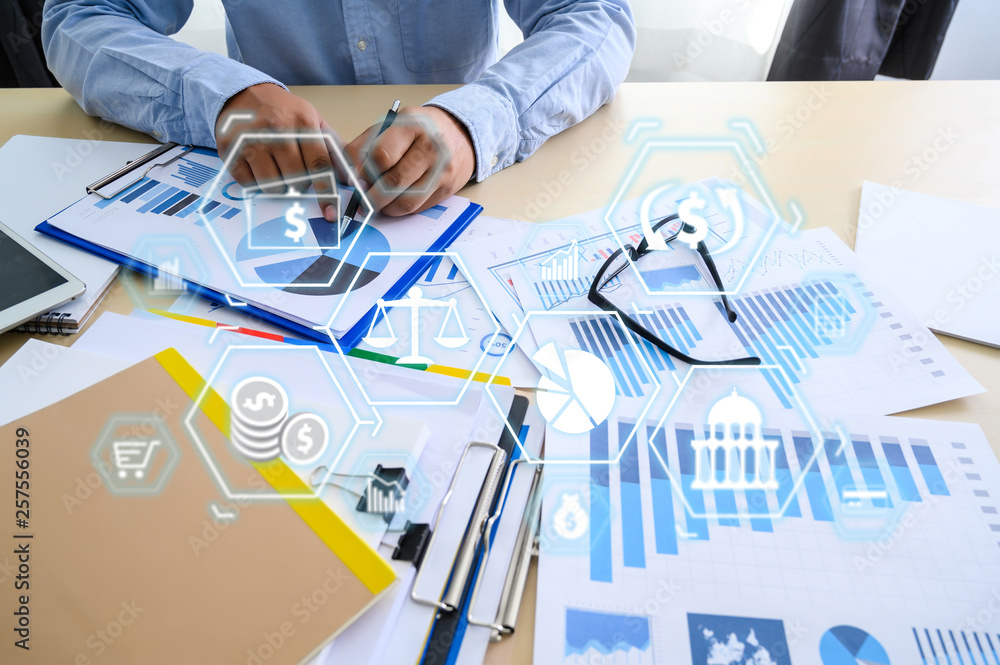 Poster working team meeting concep graph financial with social network diagram discussing data analysis dat