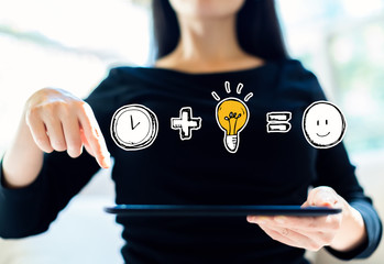 Time plus idea equals happy with woman using her tablet
