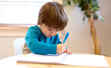 Toddler boy drawing with pen and paper at his desk