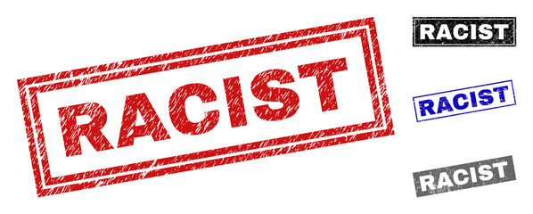 Grunge RACIST rectangle stamp seals isolated on a white background. Rectangular seals with grunge texture in red, blue, black and grey colors.