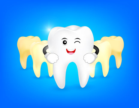 Cute cartoon tooth character whitening. Step of yellow to white. Dental  care concept, illustration isolated on blue background. Stock Vector |  Adobe Stock