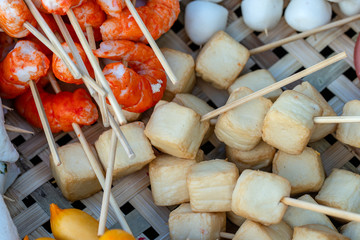 Soy balls with sticks, Thai style food. Street fast food in Thailand, closeup