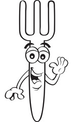 Black and white illustration of a smiling fork waving.
