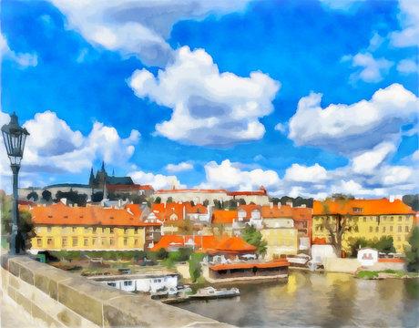 Watercolor urban landscape. Prague, Czech Republic.