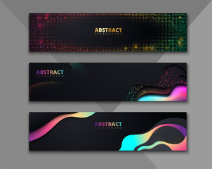 Set of black abstract banners with colorful geometric pattern.