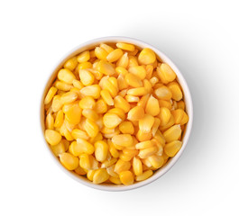 corn in a bowl on a white background.
