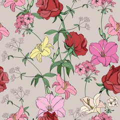 Floral pattern of lilies and roses. Vector drawing