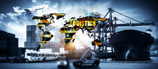 Fototapeta na wymiar World map with logistic network distribution on background. Logistic and transport concept in front Logistics Industrial Container Cargo freight ship for Concept of fast or instant shipping