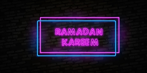 Neon sign Ramadan Kareem with lettering on a brick wall background. Arabic inscription means ''Ramadan Kareem''. Vector illustration.