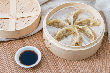 A cage of steamed dumplings, a traditional Chinese delicacy