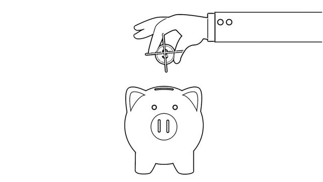 Business hand putting coin to piggy bank animation in cartoon lines stylevideo. Money saving motion concept.Art of cartoon line saving money with piggy bank