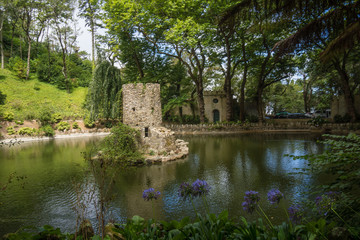 Fototapeta na wymiar pond with natural stone tower in da pena park