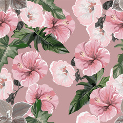 Tropical flower and leaves with hibiscus  seamless pattern-vector