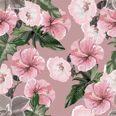 Gordijnen Tropical flower and leaves with hibiscus  seamless pattern-vector © Weera