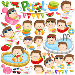 A Vector of Cute Little Boys Relaxing on Cute Float and Have Fun at the Pool Party