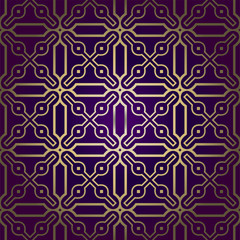 Stylish Geometric Texture. Repeating Background With Chaotic Forms. Vector Ornament. For Wallpaper, Fashion, Print, Scrapbook Paper, Advert, Business, Presentation. Luxury design in purple gold color.