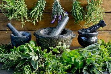 Fresh herbs with mortar and pestle against rustic wooden background