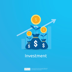 Business concept of achievement goal. Return on investment ROI vision. growth arrows to success. graph chart increase profit with money bag. Finance stretching rising up. banner flat style.