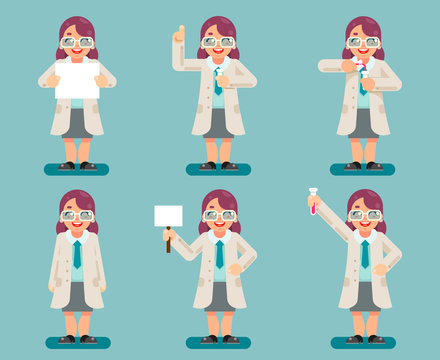 Female wise smart scientist chemical test tubes experiment woman cartoon flat design character icons set vector illustration
