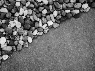 Fototapeta na wymiar Pebbles pattern or small stones background in garden with copy space for your text. Black and white picture.