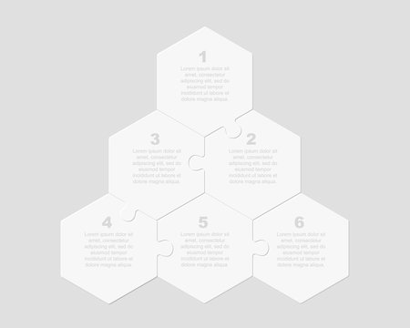 Vector jigsaw puzzle hexagon info graphic 6 steps.