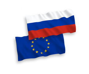 Vector Russian and European Union flags isolated on white background. 1 to 2 proportion.