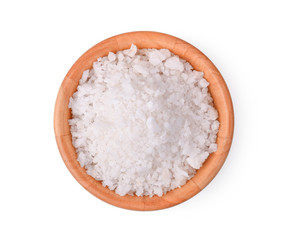 Fototapeta na wymiar salt in a wooden bowl on white background.