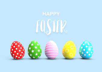 Colorful painted Easter eggs with calligraphy text on blue floor background. Holiday and Festival concept. Dot star and line fantasy pattern art. 3D illustration with copy space