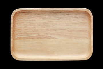 Square wooden tray isolated on black background. Top view.