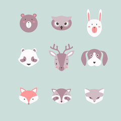 Set of Fox, raccoon, dog and owl cute vector animal